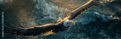 Bald Eagle Soaring Over Ocean Waves On Sunny Day