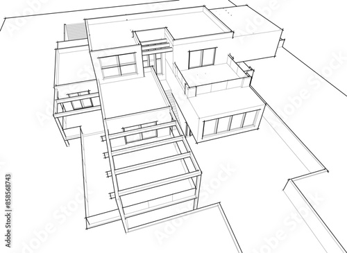 Modern house building sketch architectural 3d illustration