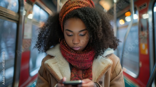 Commute Connection: Young Woman Engrossed in Texting on Subway Train photo