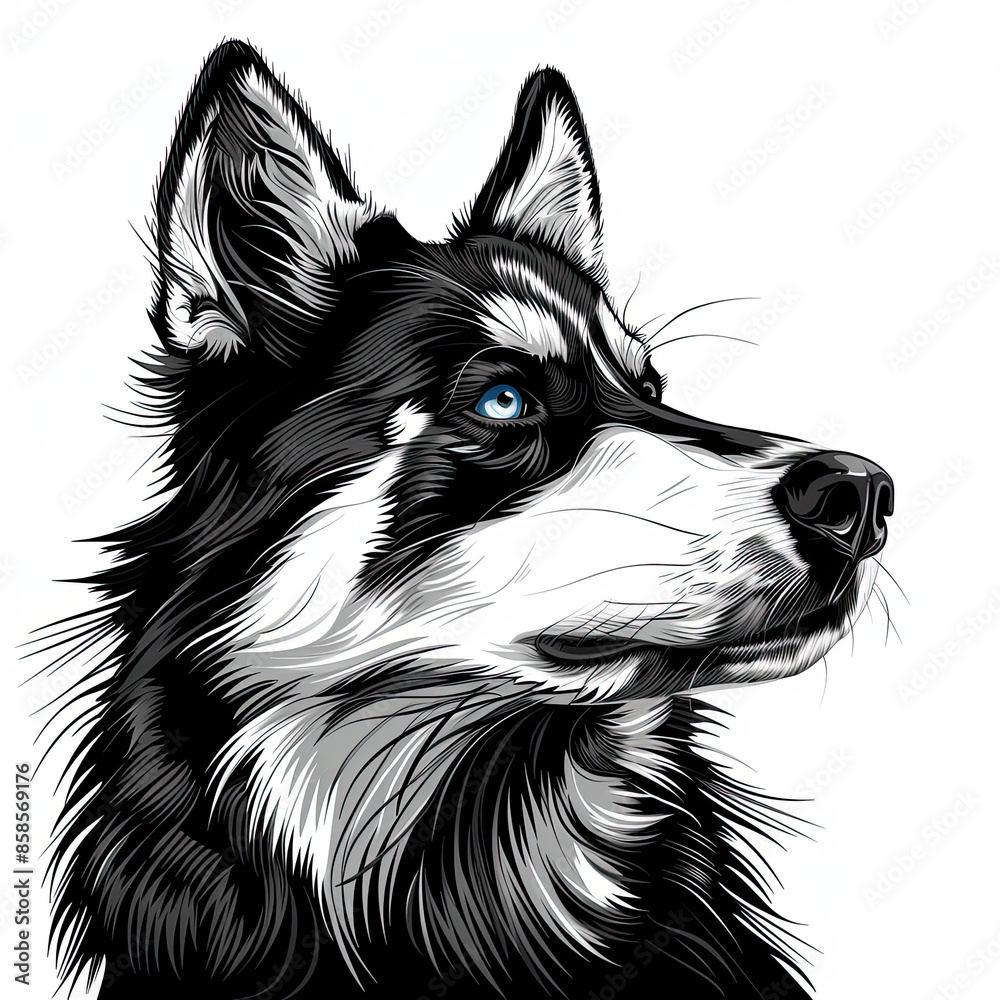 A black and white drawing of a siberian husky dog
