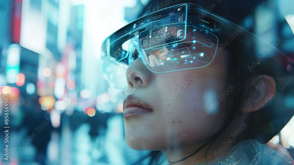 A close-up of a person using smart glasses with augmented reality features in a futuristic city setting. Ideal for illustrating wearable technology, augmented reality, and future tech trends.
A close-up of a person using smart glasses with augmented reality features in a futuristic city setting. Ideal for illustrating wearable technology, augmented reality, and future tech trends.