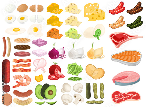 Set of ingredients vegetables food concept meat fresh products vector illustration