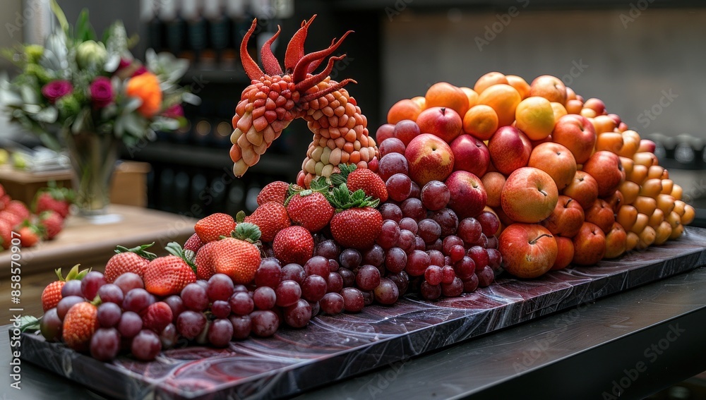 Celebrate the art of fruit preparation and presentation, showcasing the skill and creativity required to achieve such a visually stunning display. Celebrate the art of fruit preparation and presentation, showcasing the skill and creativity required to achieve such a visually stunning display.