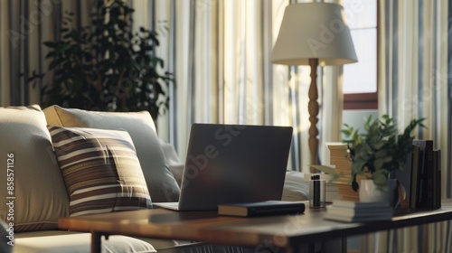 Wallpaper Mural Efficient work setup with laptop in home living area by striped drapes Italy Europe Torontodigital.ca