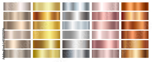 Gold rose, silver, bronze, copper and golden foil texture gradation background set. Vector shiny and metalic gradient collection for border, frame, ribbon, label design