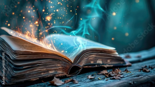 The magical book that turning the multiple glowing glittered page that stay on the wood table that surrounded with the mystery fantasy glowing glittered mist that looks like from dream world. AIGX03. photo