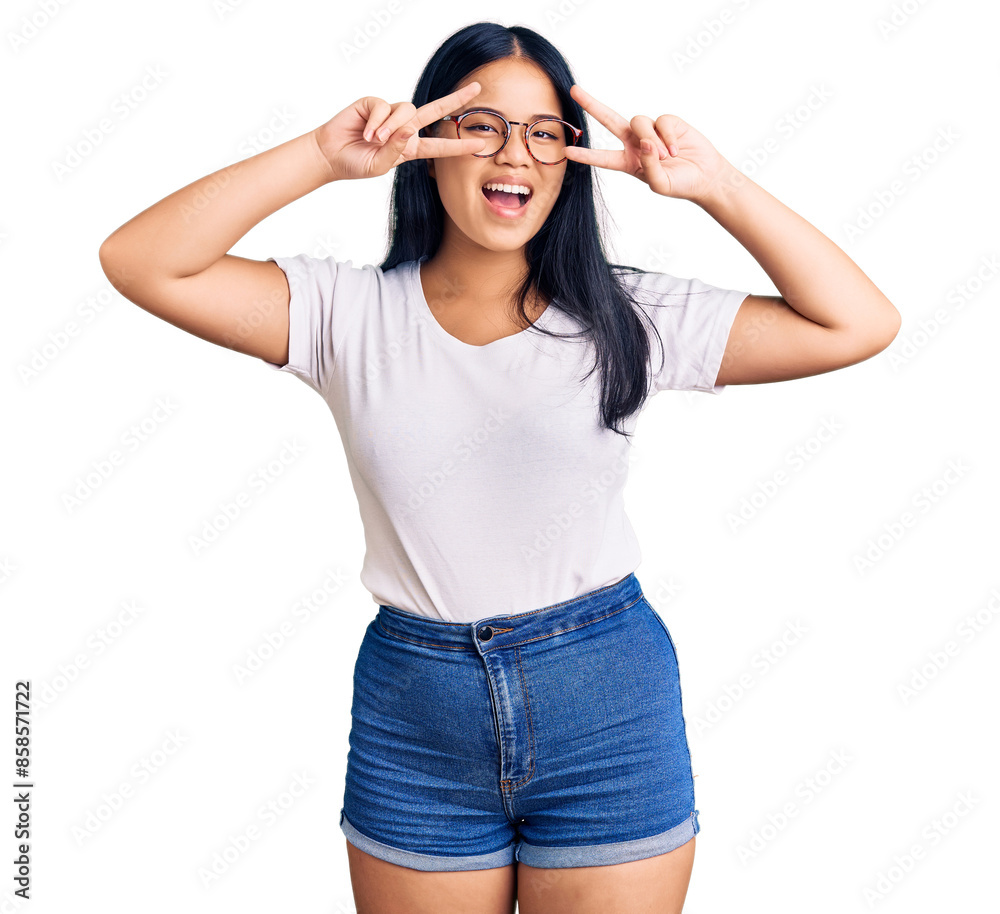 Young beautiful asian girl wearing casual clothes and glasses doing peace symbol with fingers over face, smiling cheerful showing victory Young beautiful asian girl wearing casual clothes and glasses doing peace symbol with fingers over face, smiling cheerful showing victory