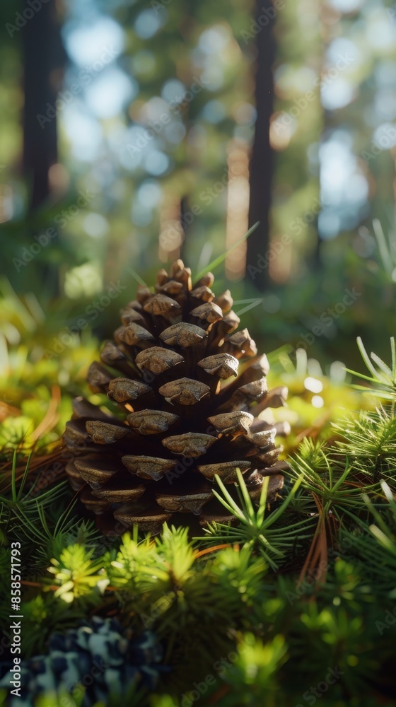 Fototapeta premium Close-up of a pine cone on forest floor with blurred background, nature detail. Woodland ecosystem and natural growth concept