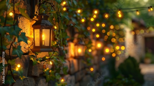 Charming Outdoor Evening with Lanterns and Twinkling Lights photo