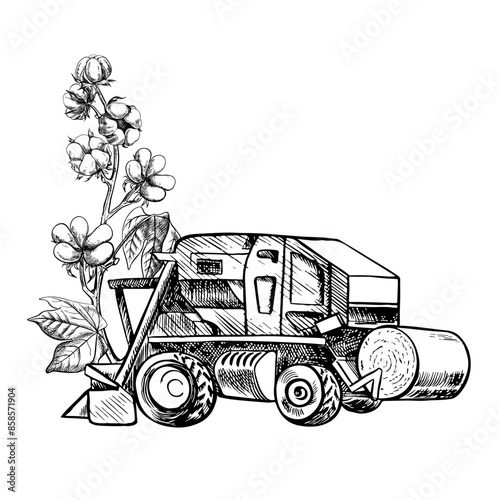 Cotton harvester. A black and white vector graphic illustration made by hand. A stylized composition of a modern cotton harvester used in agriculture and cotton twigs. The design element.