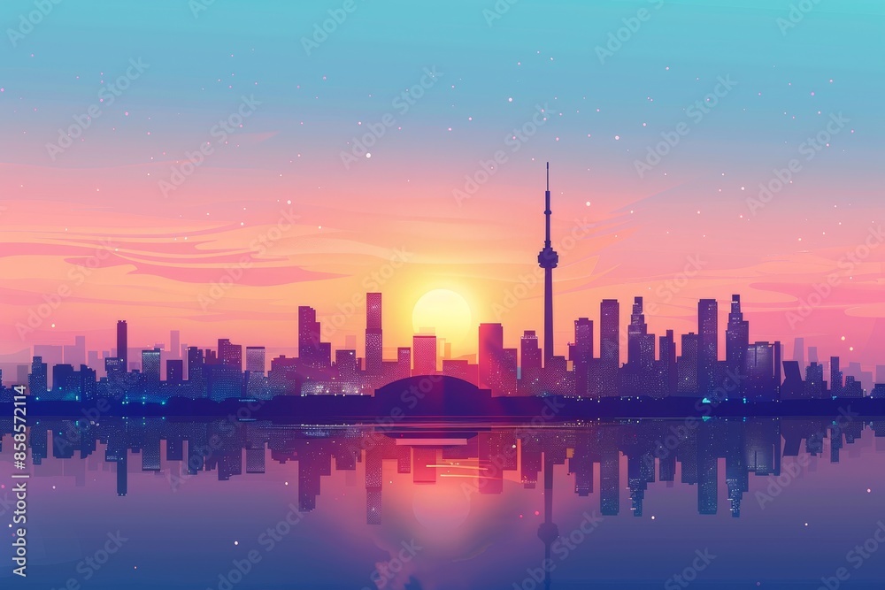 City skyline vector illustration at sunrise with majestic landmarks City skyline vector illustration at sunrise with majestic landmarks