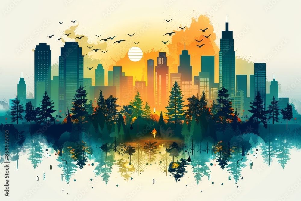 Fototapeta premium City skyline vector illustration with zoning regulations,