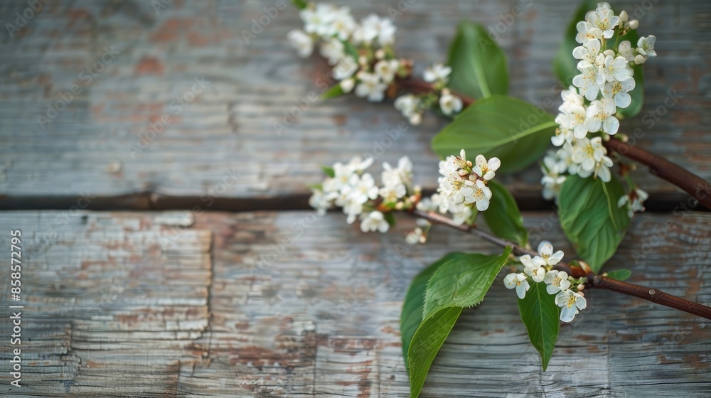 Blooming bird cherry branch on old wooden table with room for text Blooming bird cherry branch on old wooden table with room for text