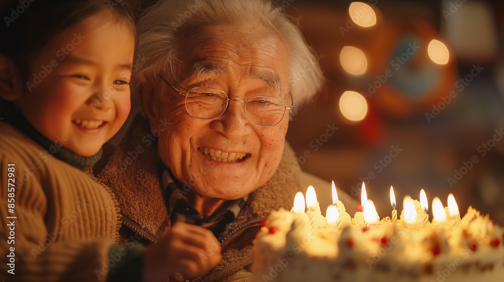 誕生日ケーキに喜ぶおじいさん