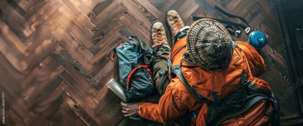 Obraz premium Backpacker Organizing Gear Inside A Backpack