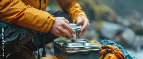 Backpacker Organizing Food Supplies In A Bear-Proof Container