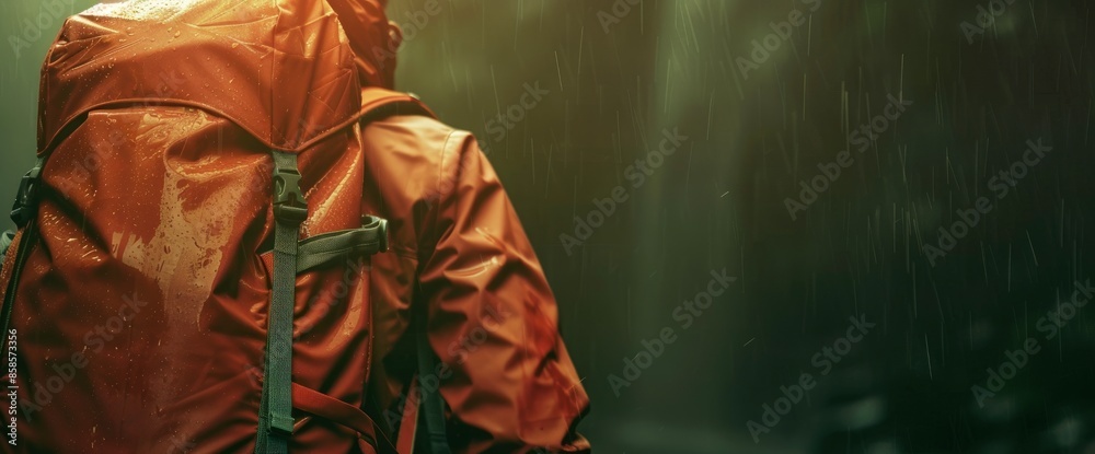 Fototapeta premium Backpacker Securing Their Backpack With A Rain Cover