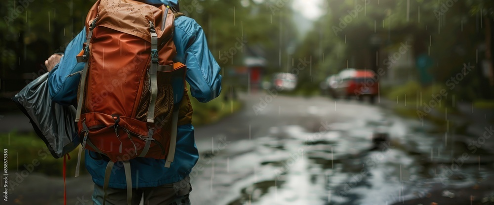 Backpacker Securing Their Backpack With A Rain Cover Backpacker Securing Their Backpack With A Rain Cover