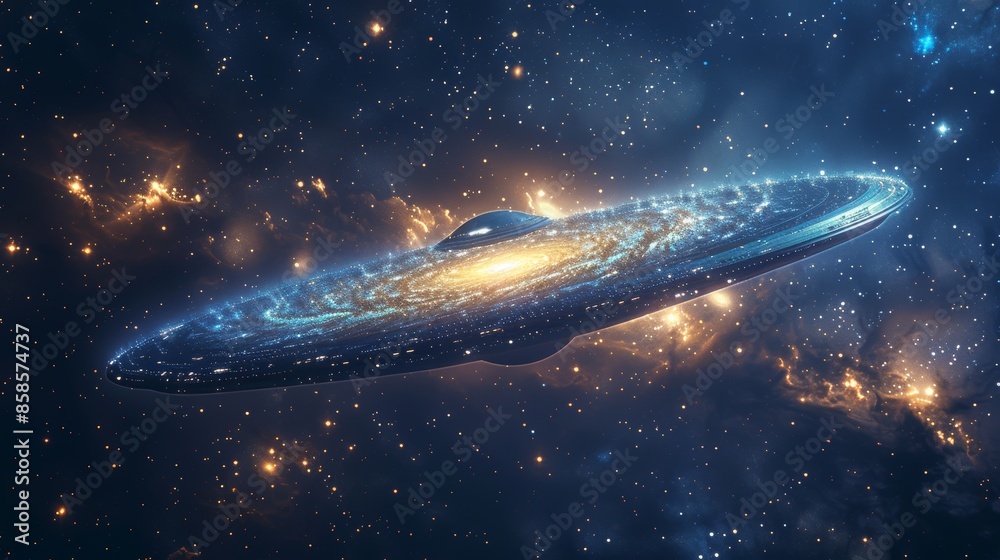 Majestic UFO hovering over a vibrant galaxy with sparkling stars illuminating the sky, Majestic UFO hovering over a vibrant galaxy with sparkling stars illuminating the sky,