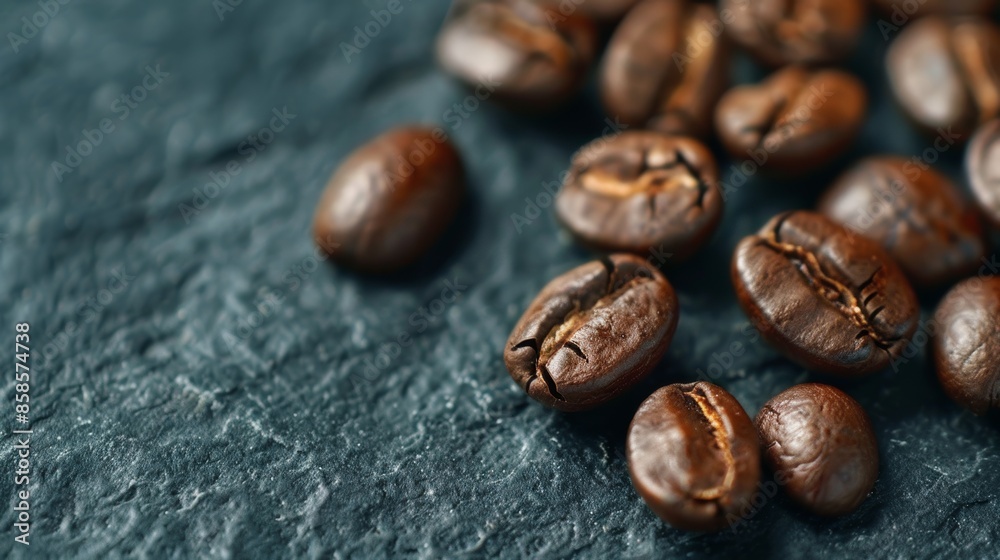 Close-up of roasted coffee beans on a textured dark surface Close-up of roasted coffee beans on a textured dark surface