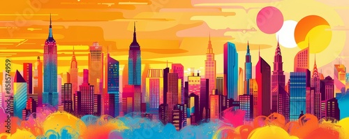 Pop art retro vector illustration of a city skyline