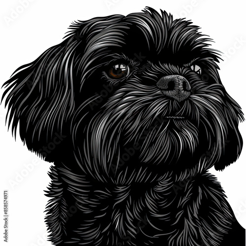 A black and white drawing of a shih tzu dog