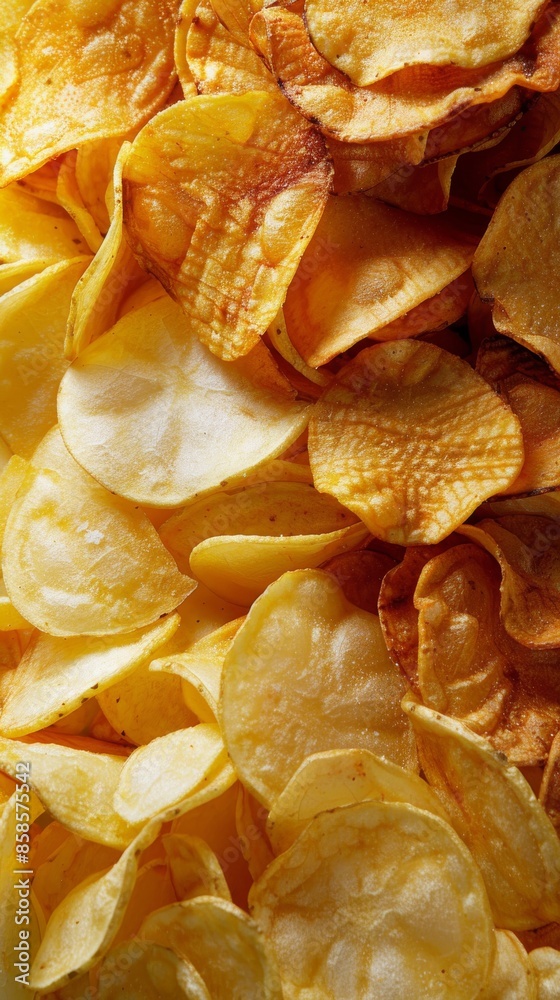 Close-up of golden potato chips, crispy and delicious, snack food concept Close-up of golden potato chips, crispy and delicious, snack food concept