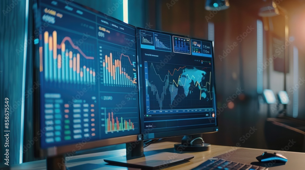 Close-up of a computer monitor showing financial analytics dashboard and performance metrics Close-up of a computer monitor showing financial analytics dashboard and performance metrics