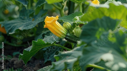 Fresh zucchini on bush with closed yellow flower ready for summer harvest
