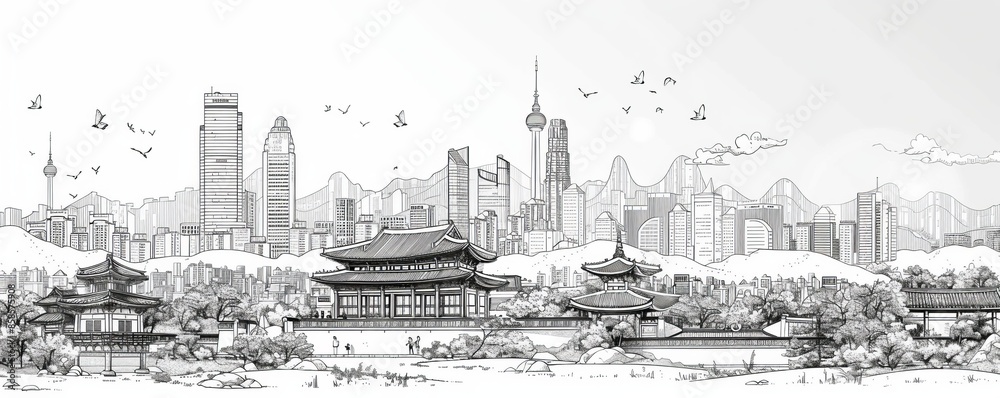 Seoul skyline line art vector illustration featuring famous buildings Seoul skyline line art vector illustration featuring famous buildings