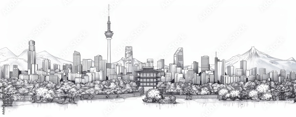 Fototapeta premium Seoul skyline line art vector illustration featuring famous buildings