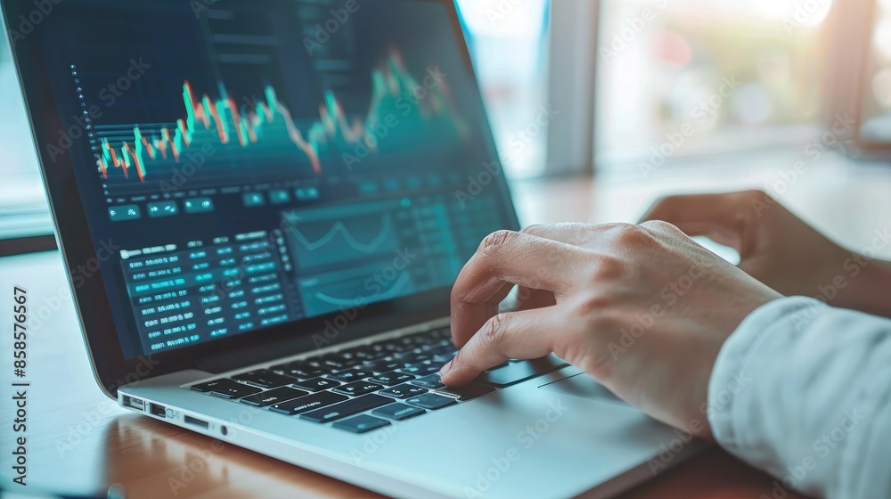 Hands typing on a laptop, using financial management software to analyze investment portfolios Hands typing on a laptop, using financial management software to analyze investment portfolios