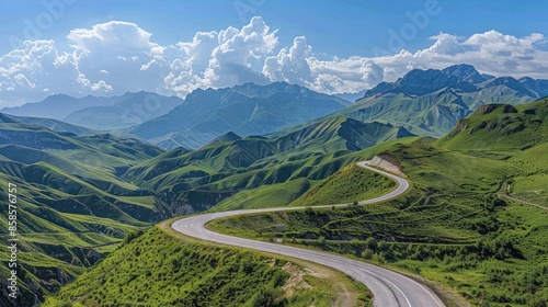 Paved road curving through green mountains, set against a backdrop of a clear sky with cumulus clouds