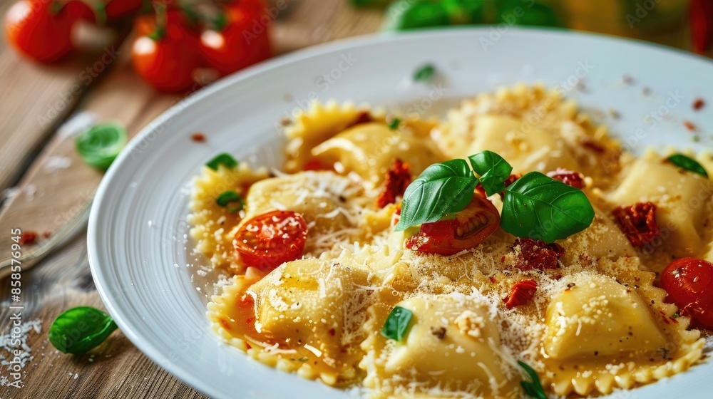 Italian Cuisine Ravioli Pasta with Sun Dried Tomatoes and Cheese Italian Cuisine Ravioli Pasta with Sun Dried Tomatoes and Cheese