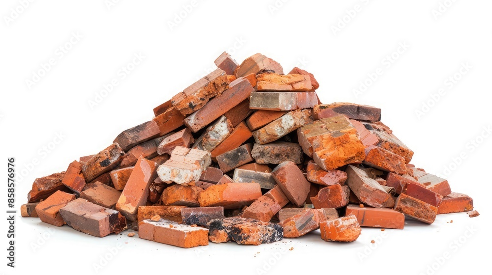 Side view of a huge pile of bricks in various shades of red and orange, isolated on a white background