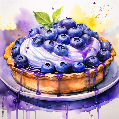 Illustration von einem Kuchen oder einer Torte mit Blaubeeren verziert in aquarell photo