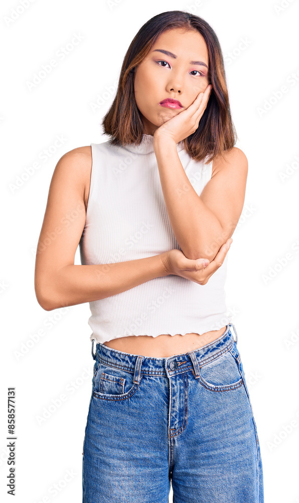 Young beautiful chinese girl wearing casual clothes thinking looking tired and bored with depression problems with crossed arms. Young beautiful chinese girl wearing casual clothes thinking looking tired and bored with depression problems with crossed arms.