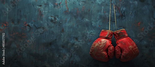 Red Boxing Gloves Hanging on Blue Wall