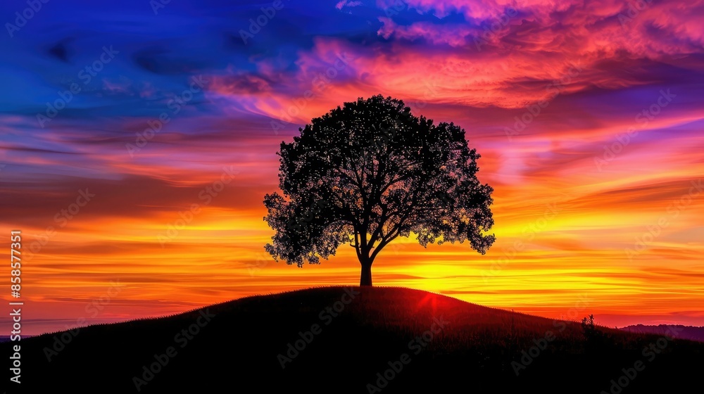 Silhouette of a lone tree against a vibrant sunset, with rich colors blending in the evening sky Silhouette of a lone tree against a vibrant sunset, with rich colors blending in the evening sky
