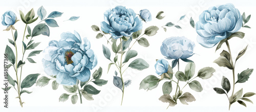 Seamless border of watercolor blue peonies and green leaves