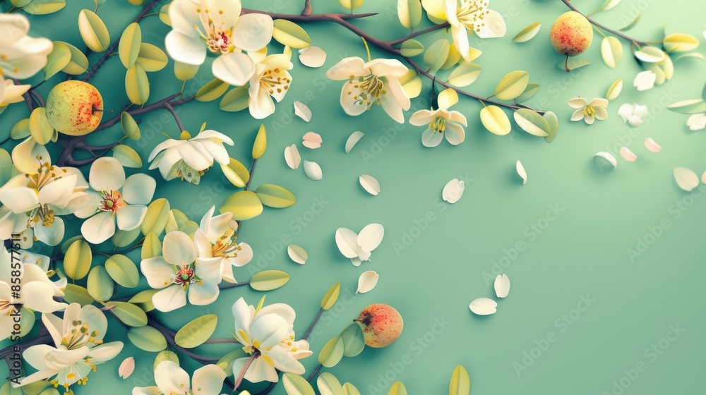 Minimal spring concept with blooming tree branches apple flowers and fruit on green background Minimal spring concept with blooming tree branches apple flowers and fruit on green background