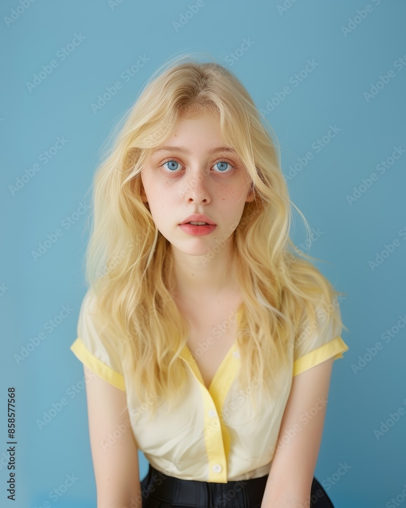 Portrait of a Blonde Teenager Girl with Blue Eyes on Blue Background. Generative AI. Portrait of a Blonde Teenager Girl with Blue Eyes on Blue Background. Generative AI.