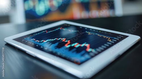 Tablet screen showing a variety of financial analytics graphs and charts, emphasizing data-driven decision-making