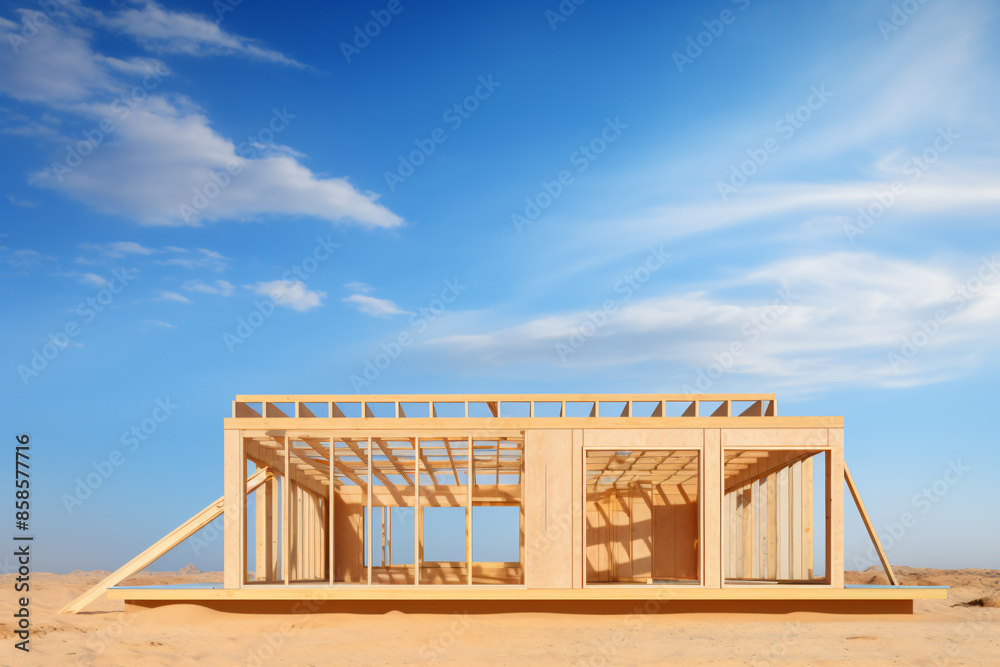 Construction wooden house, Wooden framework, building house, residential construction home, blue sky, Construction wooden house, Wooden framework, building house, residential construction home, blue sky,