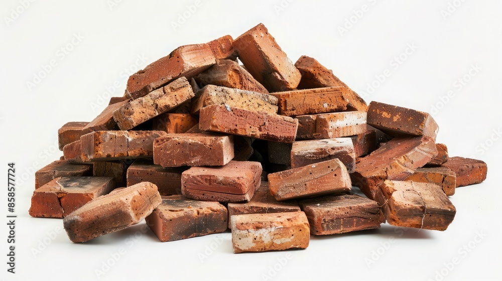 Wide-angle shot of a large, neatly stacked pile of red bricks isolated on a white background