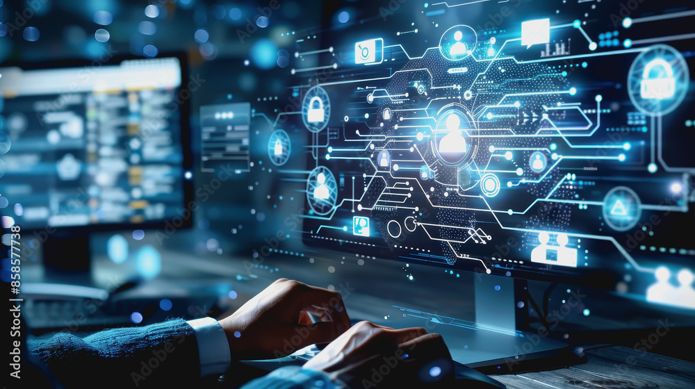 Businessman using computer tablet with digital hologram of futuristic data technology network and social media icons on virtual screen. Businessman using computer tablet with digital hologram of futuristic data technology network and social media icons on virtual screen.