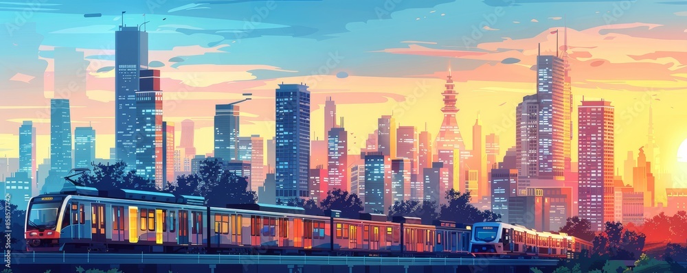 Fototapeta premium Vector illustration of a city skyline with advanced transportation