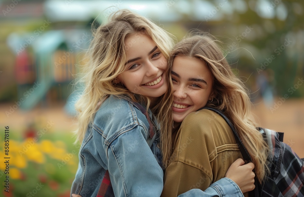 Naklejka premium Two young women share an affectionate hug and kiss in a peaceful park setting