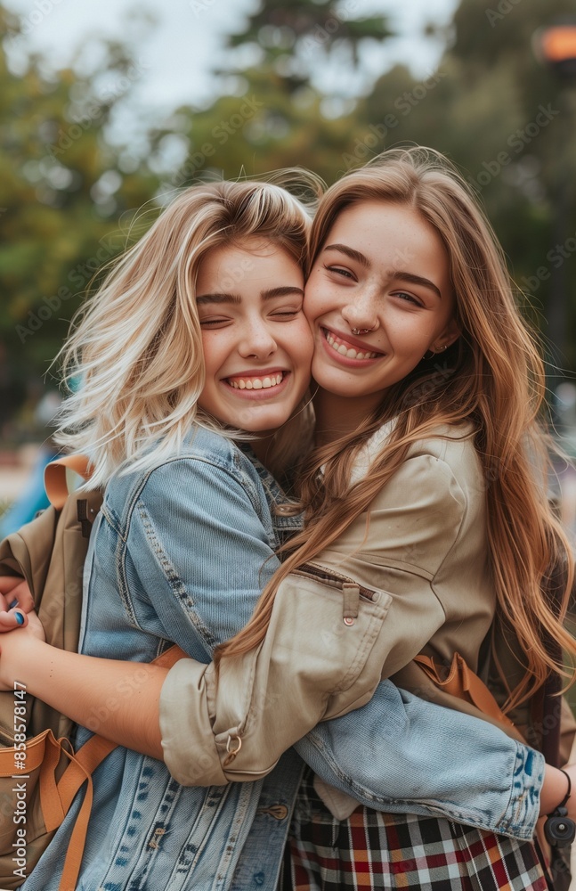 Two young women share an affectionate hug and kiss in a peaceful park setting Two young women share an affectionate hug and kiss in a peaceful park setting