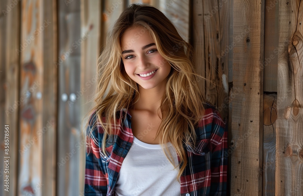 Naklejka premium A beautiful girl in a flannel shirt, jeans, and white t-shirt smiles in front of a wooden wall